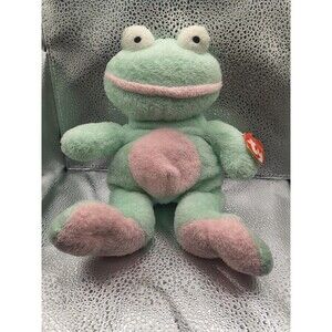 2002 Ty Pluffies Grins Frog Soft Floppy Green & Pink Stuffed Plush 9”